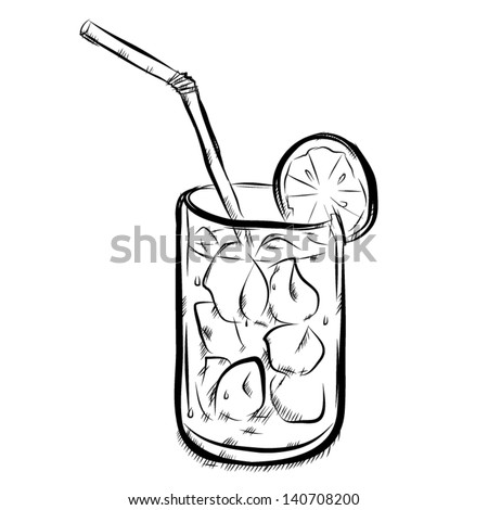 Orange Juice In Glass With Slice Piece Of Lemon / Hand Drawn Vector And ...