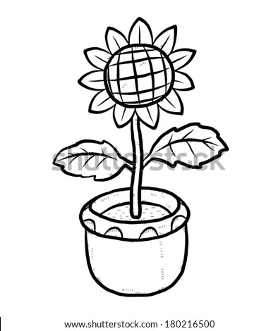 Sun Flower In Pot / Cartoon Vector And Illustration, Black And White ...