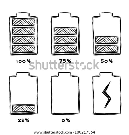 six level energy in battery / cartoon vector and illustration, black and white, hand drawn, sketch style, isolated on white background.