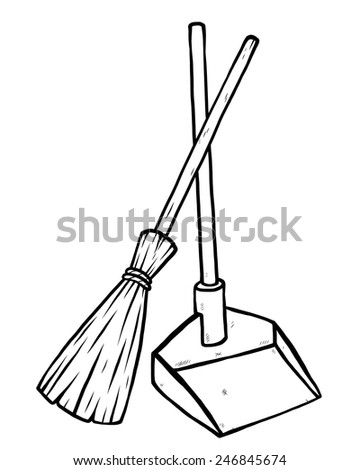 dustpan and broom / cartoon vector and illustration, black and white, hand drawn, sketch style, isolated on white background.