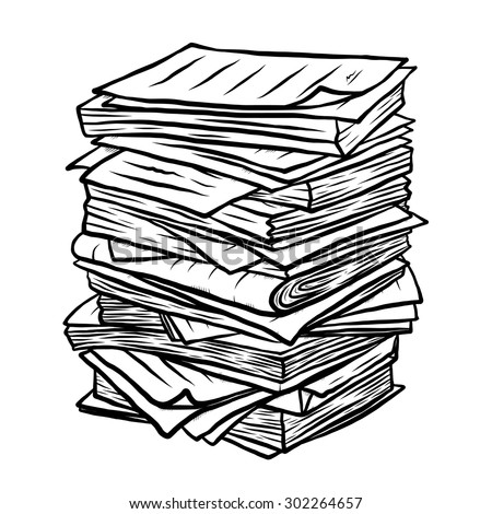 pile of used papers / cartoon vector and illustration, black and white, hand drawn, sketch style, isolated on white background.