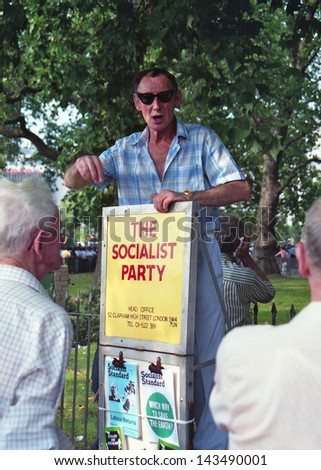 LONDON - CIRCA JUNE 1991:An unidentified man expresses his political views at \