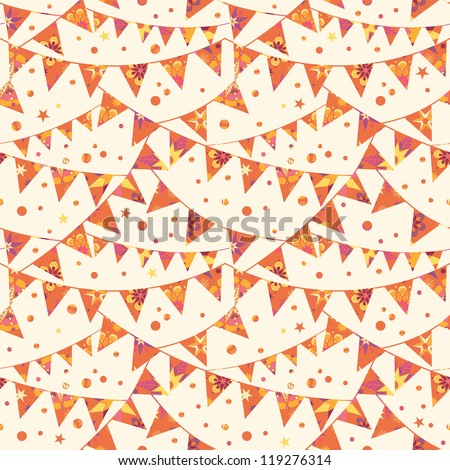 Vector Christmas Decorations Flags Seamless Pattern Background with triangular bunting and stars in warm shades on light beige background. Perfect for winter holiday background!