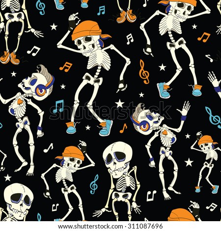 Vector Dancing Skeletons Party Halloween Seamless Pattern. Music Disco. Isla Vista California. Funny Headphones