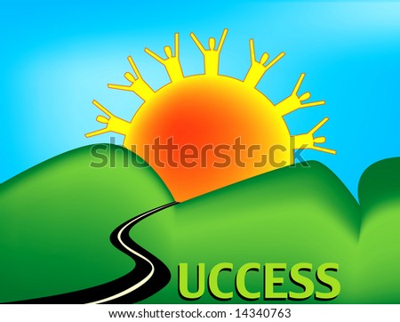 Landscape of rolling hills with a road to success heading into the sunset.  The road replaces the letter S in the text version of the word success.  The suns rays are people celebrating success.