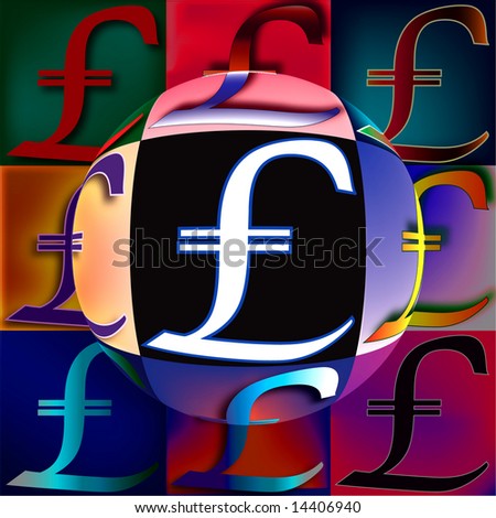 Pound Sterling symbol arranged in a POP art arrangement with over sized sphere center