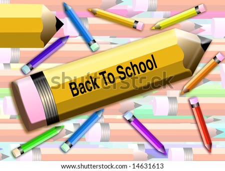 Large yellow pencil with Back to school written on it. Surrounded  by scattered colored pencils. Background of assorted pencils layered and moving from left to right.