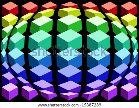 Cubes arranged in rows in an ascending order based on the color spectrum creating an egg shape.