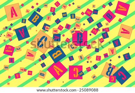 Letters ABC scattered randomly scattered on a yellow background with lime green stripes.
