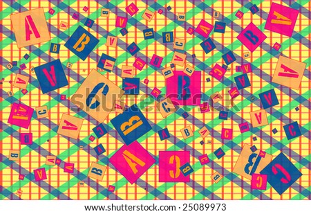 Letters ABC scattered randomly scattered on a yellow grid with diamond pattern.