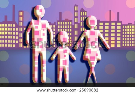 Generic figures of a Family standing in front of panoramic  skyline.