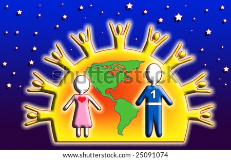 Generic figures boy and girl in a map of the western hemisphere