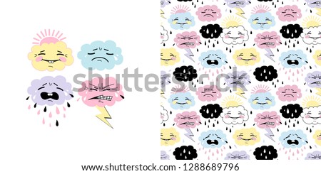 Cute weather set. Emotional weather forecast seamless pattern. Cute funny clouds with sun rain lightning. Perfect for baby nursery fashion fabric print