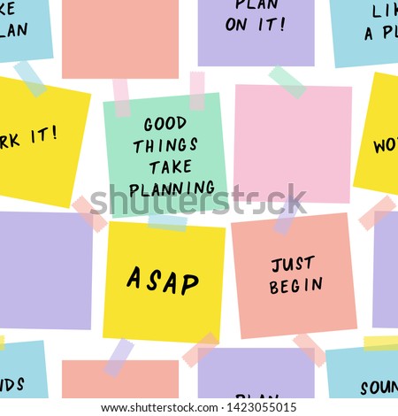 Sticky notes cartoon vector seamless pattern. Reminders, notifications hand drawn texture. Paper sheets decorative backdrop. Motivational messages, phrases. Wallpaper, wrapping paper flat design