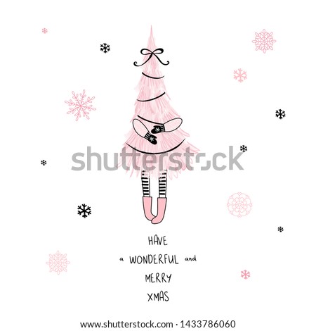 Have a wonderful and merry xmas hand drawn vector drawing with lettering. Kawaii christmas tree sketch. New Year pastel drawing on white background. Christmas postcard, greeting card design element