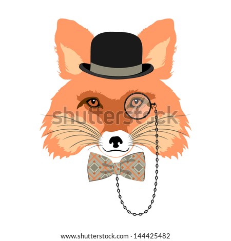 animal vector portrait, fox in bowler hat and monocle, vintage style portrait