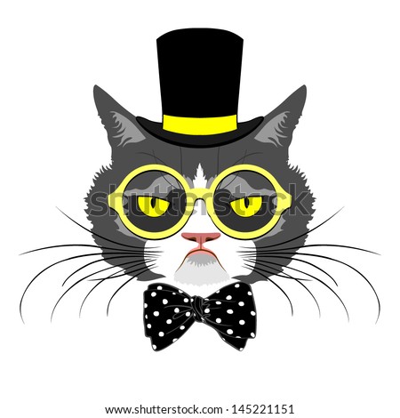 Vector Animal, Portrait Of Cat In Tall Hat With Polka Dot Bow And Round ...