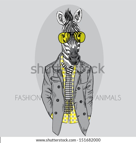 Fashion Illustration of Zebra in Yellow Glasses Isolated on Grey Background