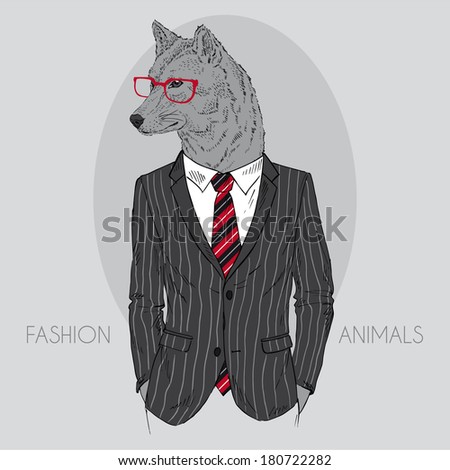 Hand Drawn Fashion Illustration Of Wolf Dressed Up In Office Suit ...