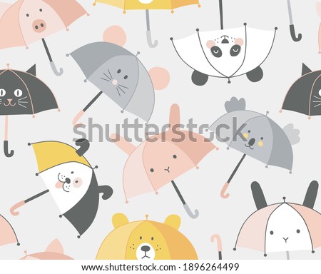 Animalistic Umbrella with cute kawaii animal Bunny Mouse Panda Pig Dog Cat Koala Bear face seamless pattern. Rainy weather kids background for fabric textile surface design. Vector illustration 商業照片 © 