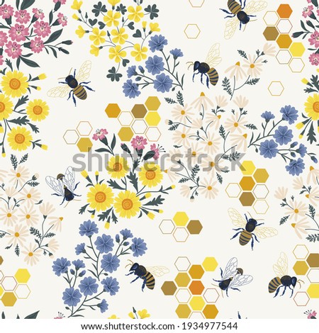 Meadow wildflower honeybee vector seamless pattern. Bee flower honeycombs decorative ornament illustration. Wild apis in floral bloom graphic print design