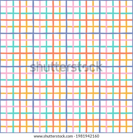 Crossing rainbow lines hand drawn vector seamless pattern. Checkered geometrical vibrant coloured texture. Colourful plaid background. Abstract backdrop wallpaper textile design