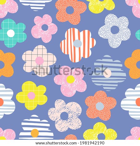 Naive childish textured flower in vibrant rainbow colours vector seamless pattern. Summer floral Scandinavian nursery print design