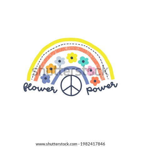 Floral rainbow with pacific sign and flower power text vector illustration isolated on white. Cute inspirational hippie print for kid t-shirt design.