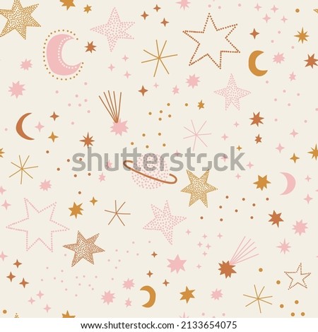 Cute celestial childish night sky space stars planets crescent vector seamless pattern. Boho baby universe delicate background. Soft colours universe surface design for kids fabric and nursery decor.