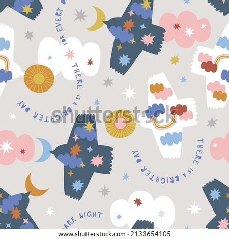 Peaceful bird with sun and moon in the beak fly in the sky vector seamless pattern. There is a brighter day phrase. Boho baby Day Night celestial print for kids fashion and nursery decor.