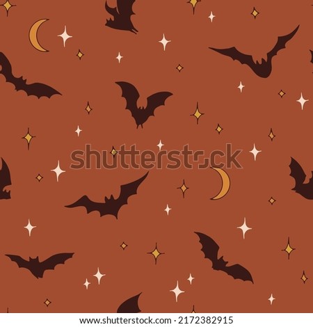 Boho Halloween Bat silhouette fly in starry night sky vector seamless pattern. Rearmouse nocturnal animal background. Groovy Autumn faded colours surface design. Stockfoto © 