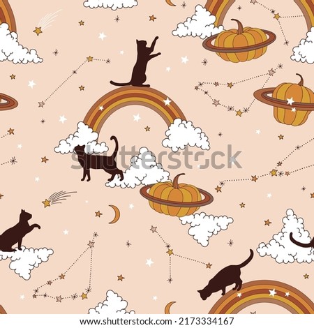 Black cat silhouette Rainbow Pumpkin planet Clouds Constellation vector seamless pattern. Boho Halloween kitty in the sky background. Esoteric galaxy night sky surface design. Stockfoto © 