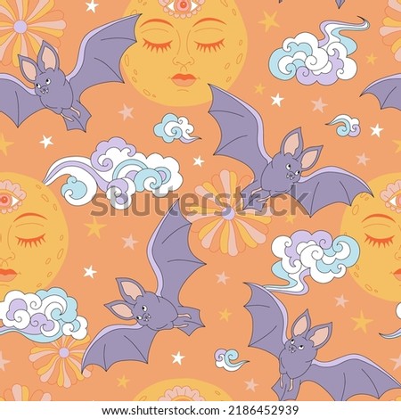 Mystic Hippie Groovy Halloween Bat Full Moon night vector seamless pattern. Mystical nocturnal fly animal background. Autumn holiday surface design. Stockfoto © 