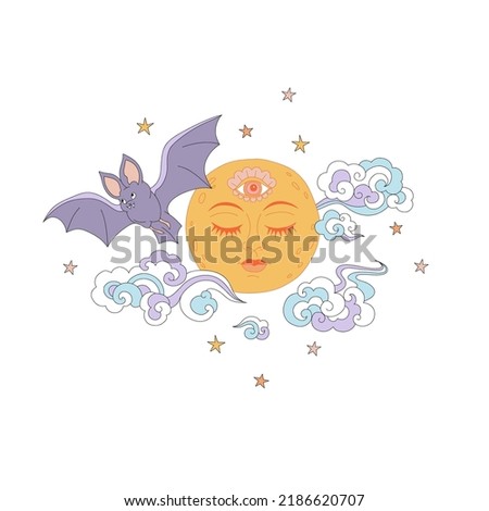 Mystic Hippie Groovy Halloween Bat Full Moon night vector illustration isolated on white. Mystical nocturnal fly animal print for T-shirt design. Stockfoto © 