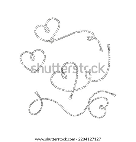 Valentines Day Wild west rodeo love heart rope lasso vector illustration set isolated on white. Howdy St Valentine Day colouring page hearts knot print collection.