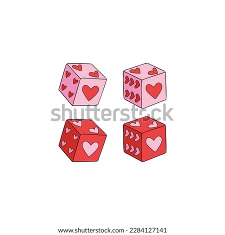 Howdy Valentines Day dice with heart shape spots vector illustration set isolated on white. Pink Red aesthetics Wild west game of chance print for 14 February holiday postcard.
