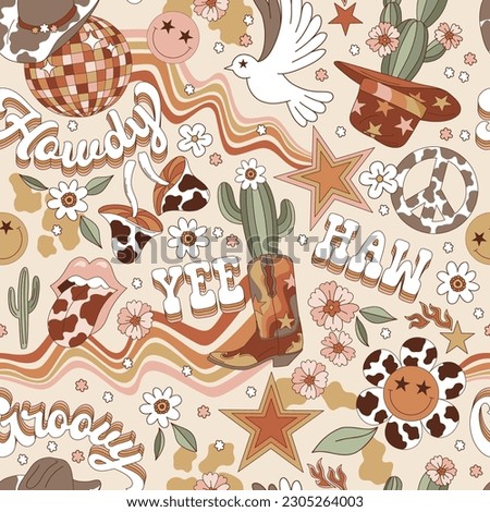 Groovy 60s 70s Western vector seamless pattern. Hippie cowboy background. Retro wild west surface design.