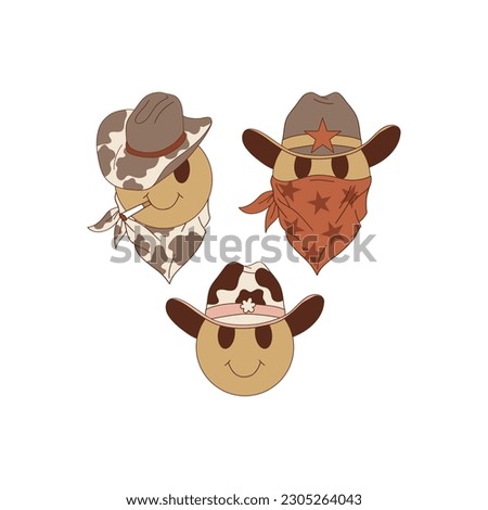 Smiling faces in cowboy hat vector illustration set. Wild West aesthetic clipart design.