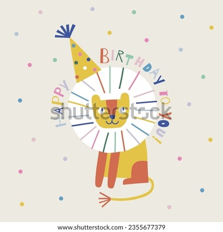  Happy Birthday lion animal paper shape cutouts style vector illustration. Scandinavian childish wild party pre-made print design.