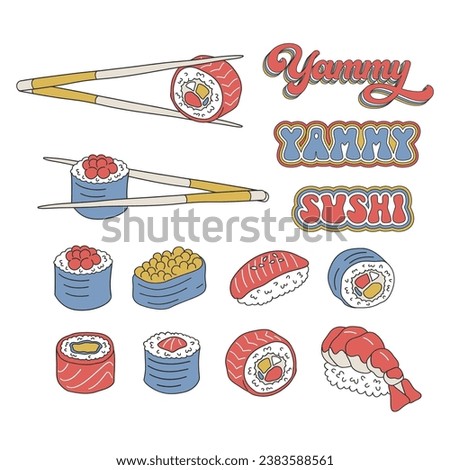 Yammi sushi rolls chopstick traditional asian japanese cuisine vector illustration isolated on white. Groovy food print.