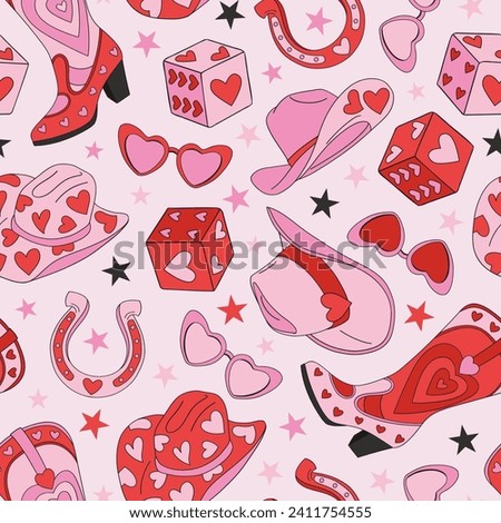 Howdy Valentine Cowgirl accessories heart shape hat boots shades dice horseshoe vector seamless pattern. Wild West Saint Valentines Day Red Pink aesthetic romantic love background.