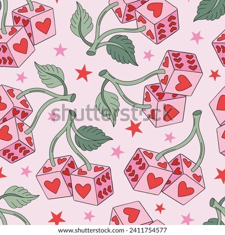 Howdy cherry berry luck dice with heart shape spots game of chance vector seamless pattern. Saint Valentines Day Wild West romantic love background.