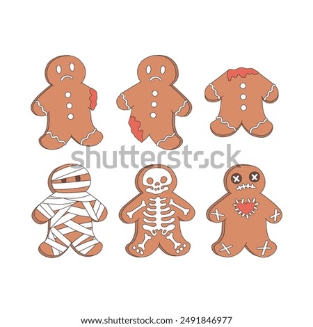 Spooky Halloween Gingerbread man vector clip-art set isolated on white. 