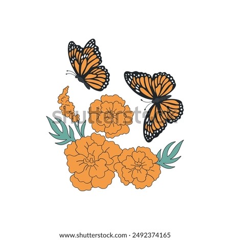 Butterfly and Flowers vector clip-art isolated on white. 