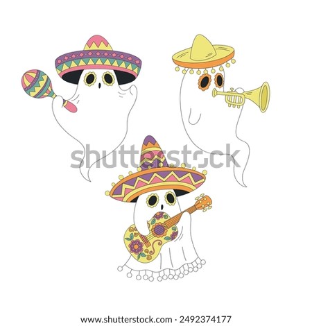 Mexican Halloween Ghost play music vector clip-art set isolated on white. Day of the Dead illustration