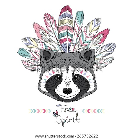 raccoon aztec style, hand drawn animal illustration, native american poster, t-shirt design
