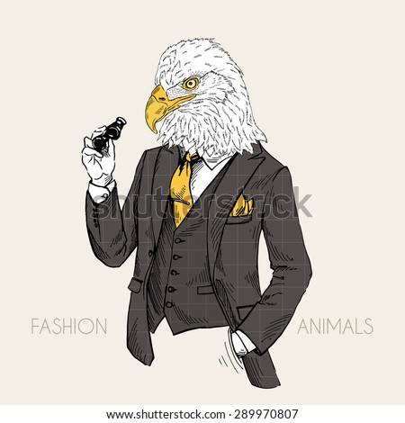 fashion animal illustration, anthropomorphic design, furry art, hand drawn illustration of eagle dressed up in classy style with binoculars