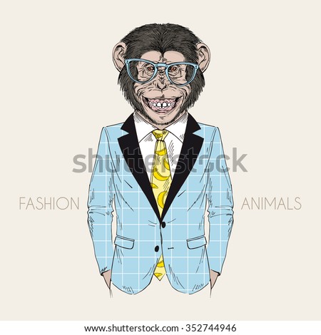 smiling chimpanzee dressed up in business suit, business monkey,  furry art illustration