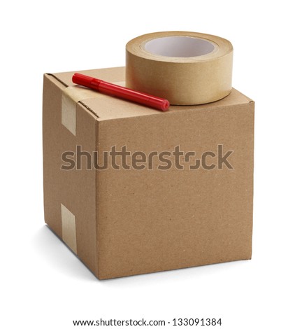 Brown cardboard box with packaging materials isolated on a white background.
