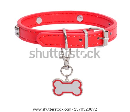 Red Leather Collar with Dog Bone Tag Isolated on White Background. 商業照片 © 